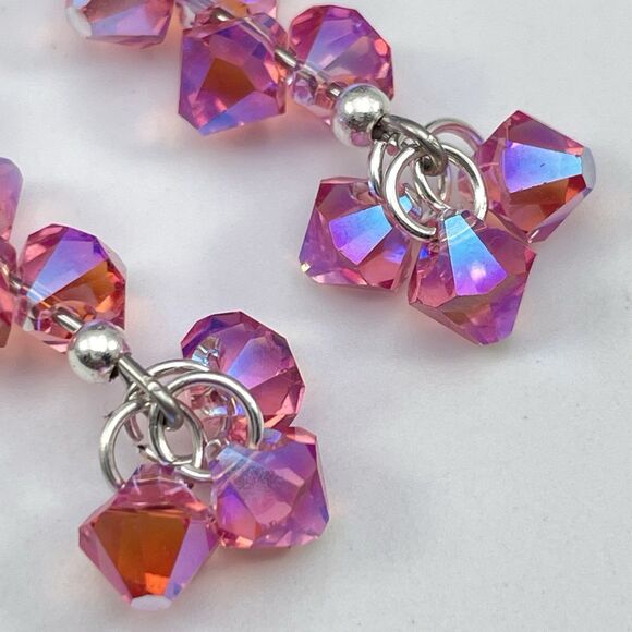 Made With Swarovski Crystal Pink AB Teardrops Sterling Silver Earrings Dangle - Picture 5 of 7